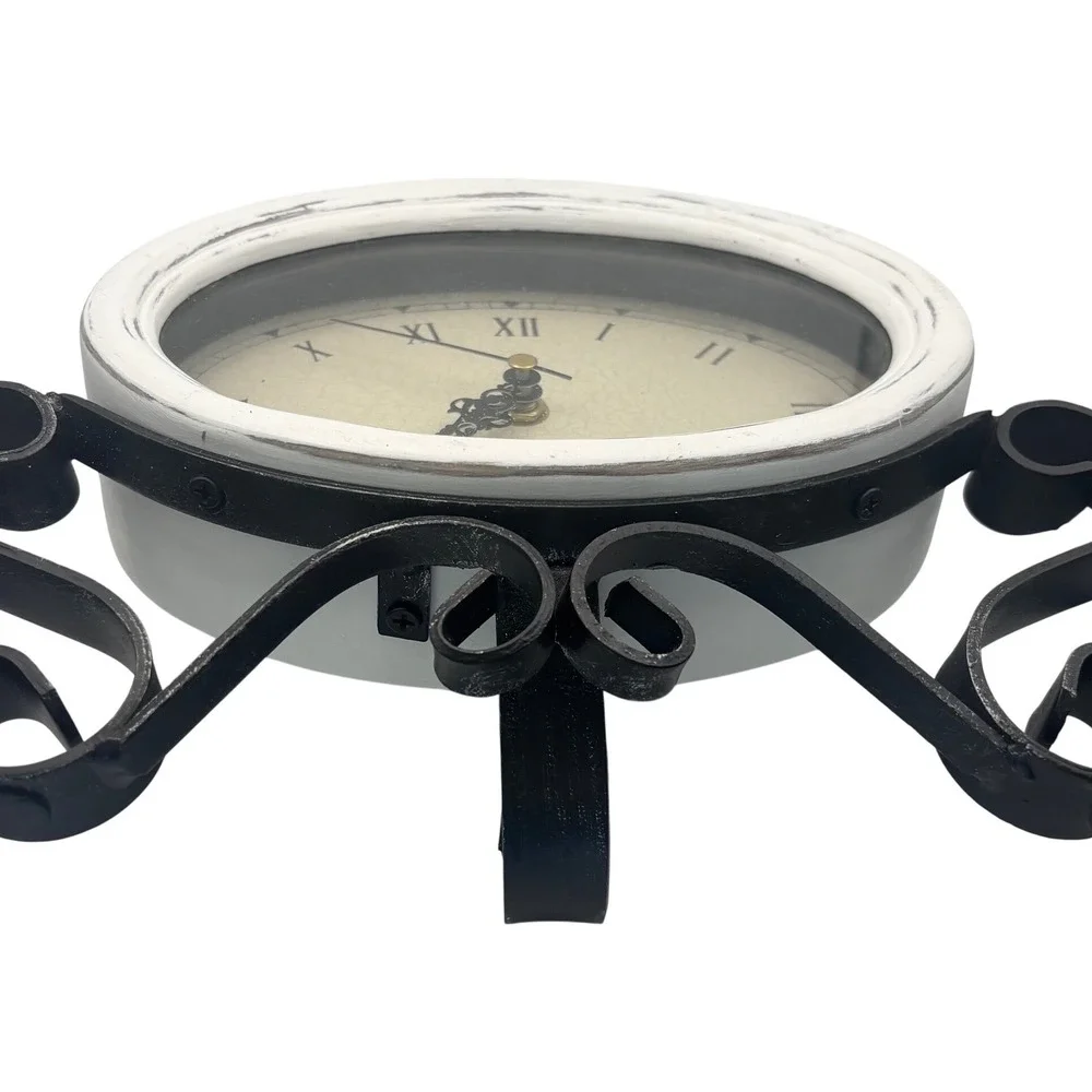 Vintage Style Oval Table Clock Distressed White Roman Numeral Scroll Iron Base